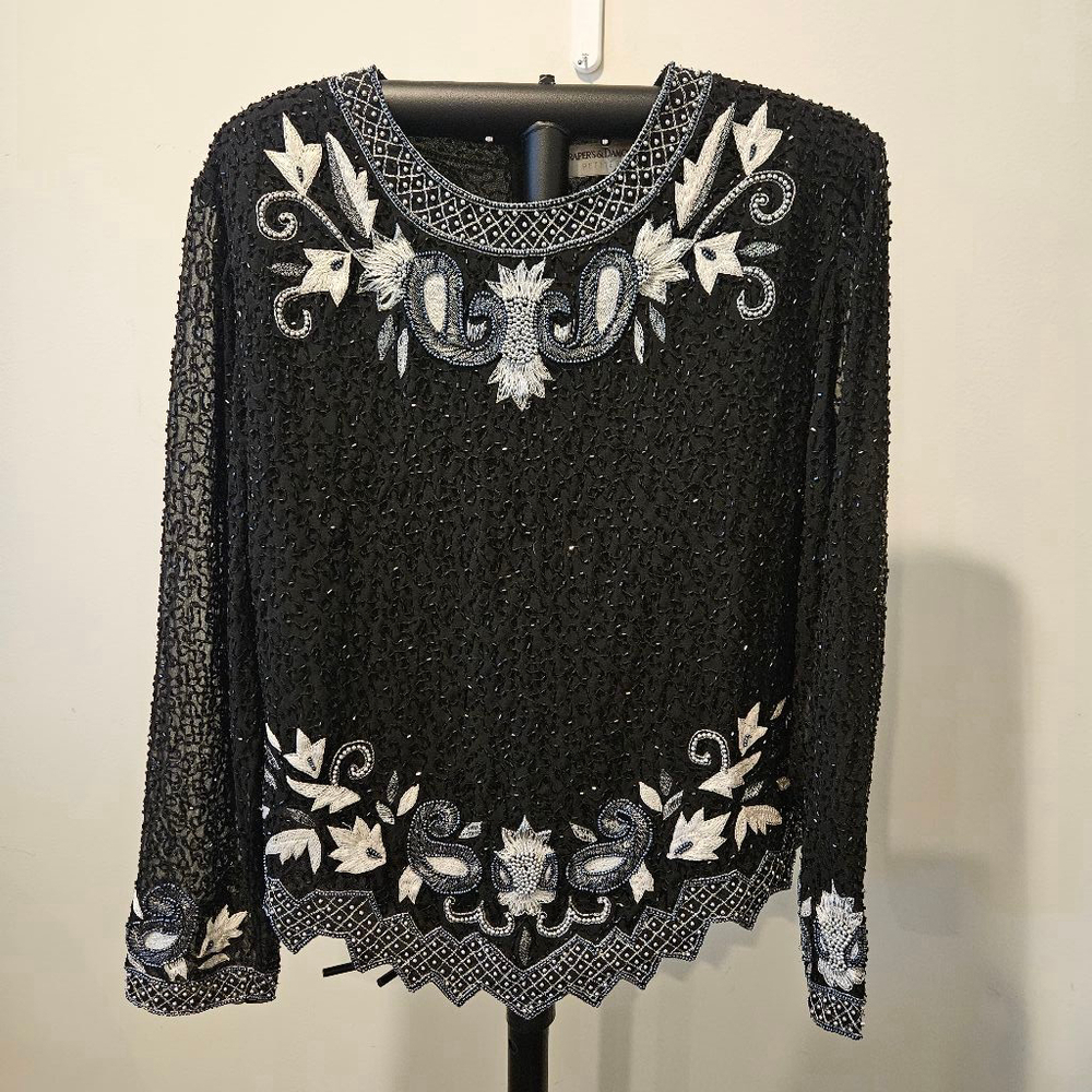 Women's Drapers & Damon's Vintage Beaded Silk Jagged V-Hemline Top PXL Black